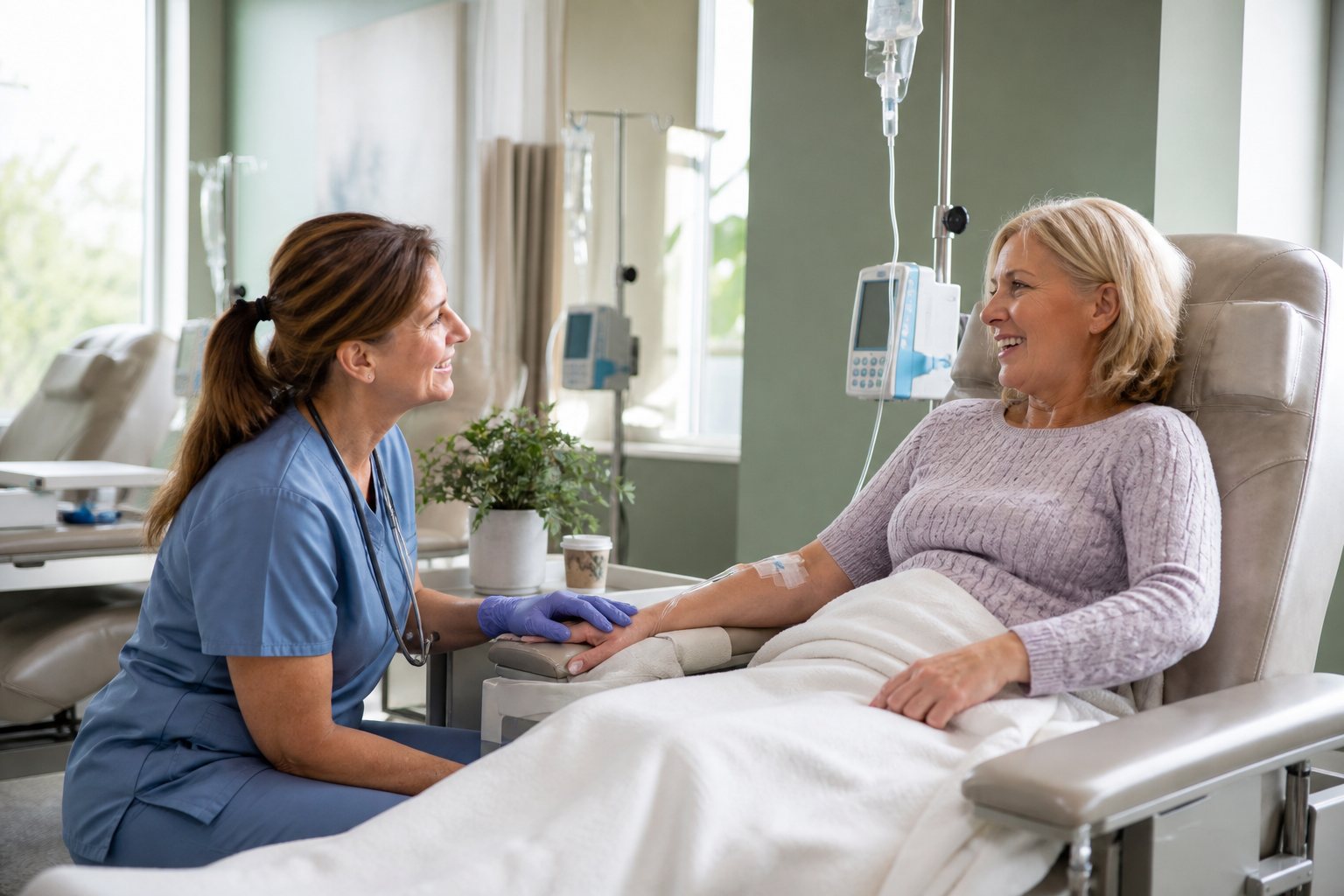A nurse caring for a patient in a comfortable infusion suite